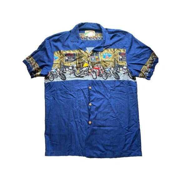 VTG Paradise Found Shirt Adult Medium‎ Blue Hawaiian Tiki Tavern Motorcycle Mens - Picture 1 of 7
